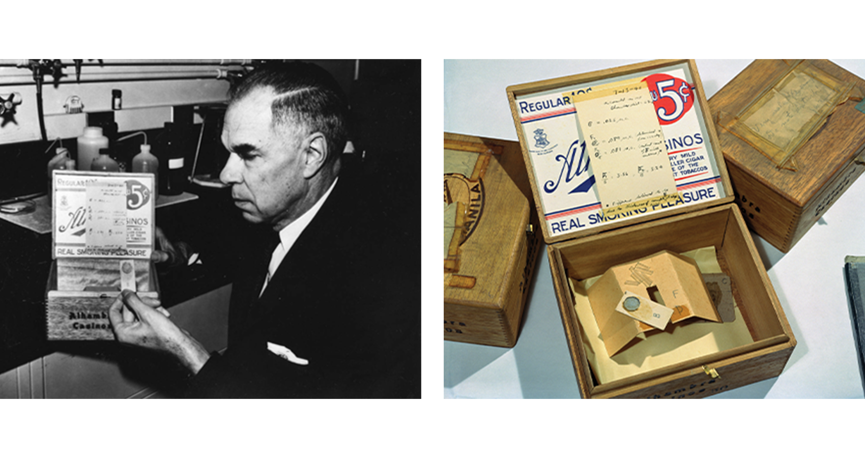 Left: A historic photograph of a man holding a cigar box and a small sample of plutonium. Right: A recent photo of the cigar boxes.